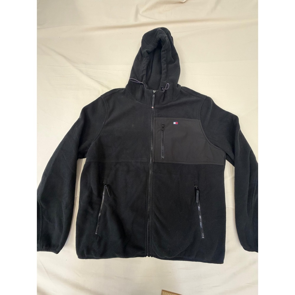 Tommy Hilfiger Mens Fleece Full Zip Hoodie Black Chest Pocket Jacket Large